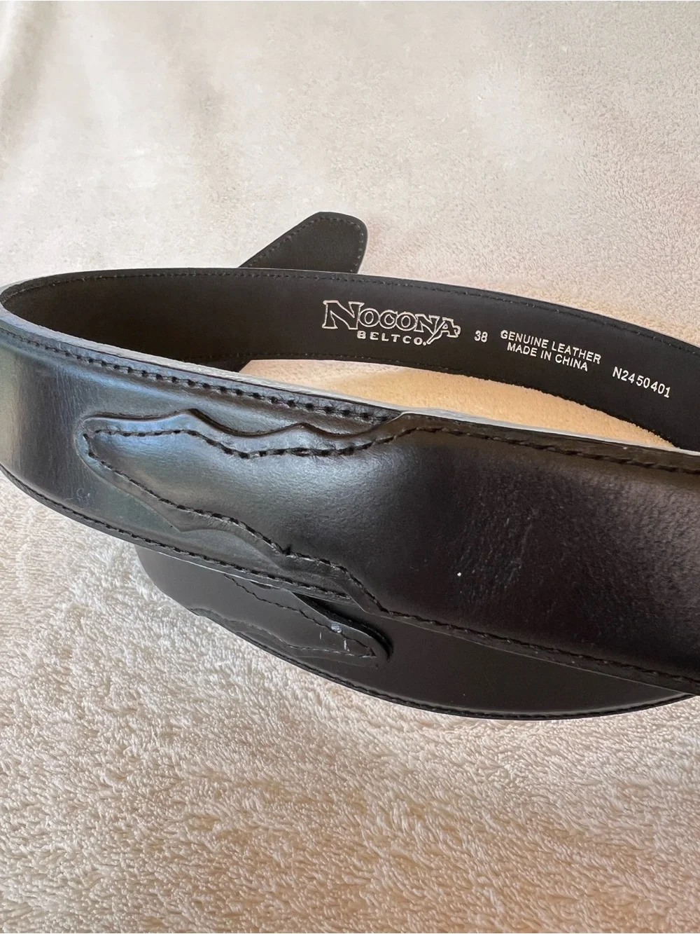 NOCONA SMOOTH BLACK LEATHER BELT OVERLAY TRIM INTERCHANGEABLE BUCKLE 38 N2450401